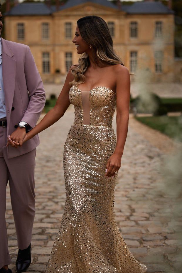Gold Sequin V-Neck Spaghetti Strap Mermaid Prom Dress – Modsele